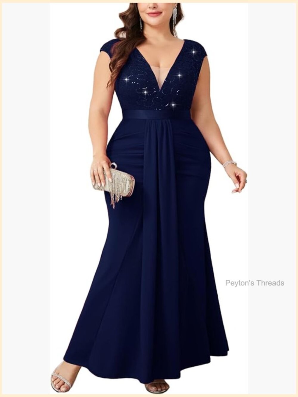 Plus Size Formal Dress Sequined Lace V Neck Mermaid Maxi Evening Gown